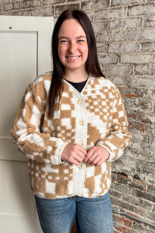 Taupe Checkered V-Neck Button Down Fleece Jacket