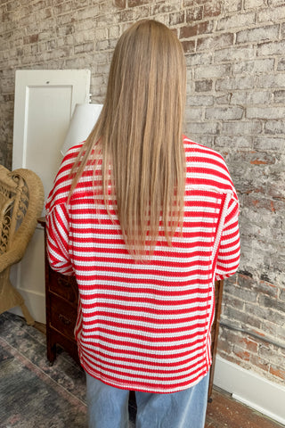 Red and Cream Stripe Waffle Knit Top