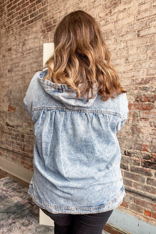 Iris Half Button Washed Denim Hooded Top