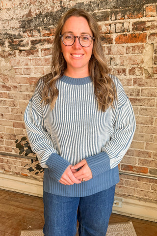 Sophia Two Tone Blue Ribbed Sweater Top