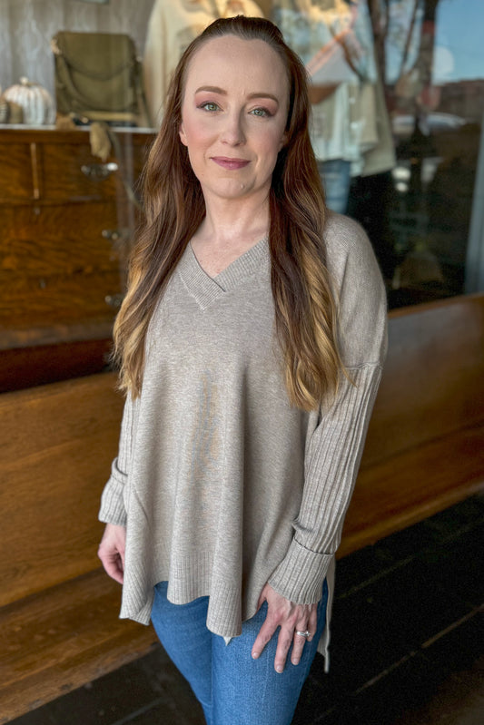 Heathered Mocha V-Neck Ribbed Sleeve Sweater