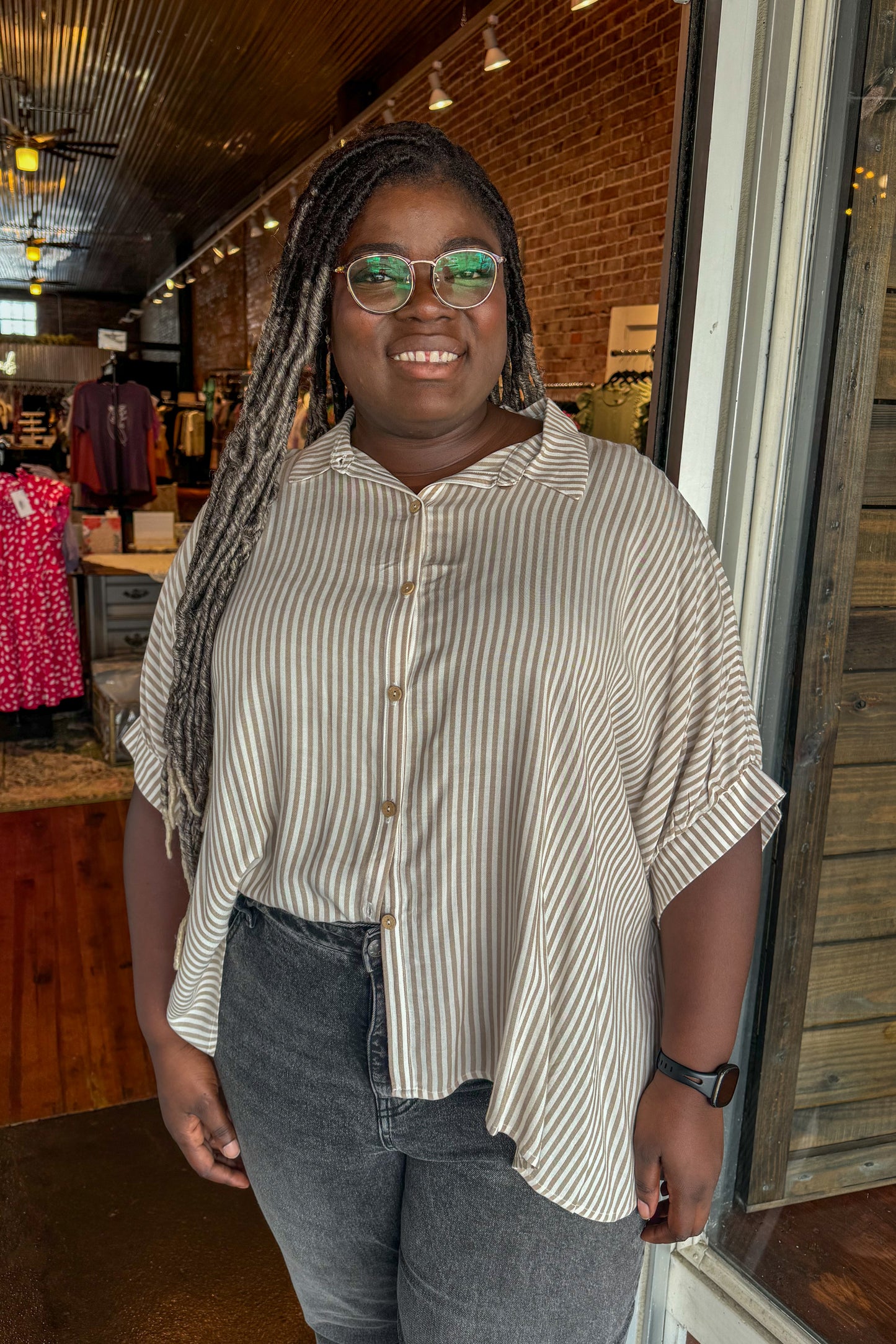 Taupe Striped Button Up Curvy Shirt