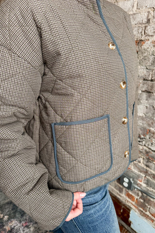 Olive Micro Checker Button Quilted Jacket