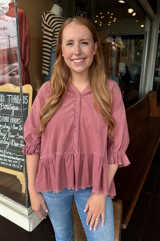 Mauve Corduroy Peplum Top