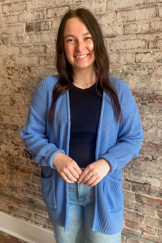 Cornflower Waffle Weave Cardigan (+Curvy)