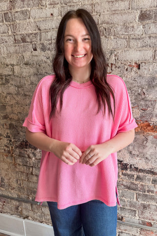 Pastel Pink Raised Rib Cuffed Sleeve Raw Edge Top (+Curvy)