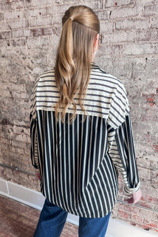 Black Mixed Up Striped Button Up Top
