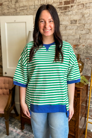Green Stripe Contrast Trim Oversized Top