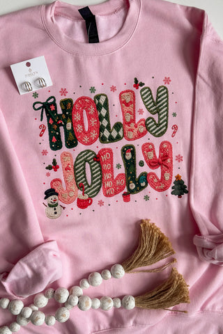 Pink Holly Jolly Faux Crochet Print Crewneck