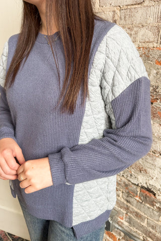 Blue Grey Mixed Fabric Crew Neck Top