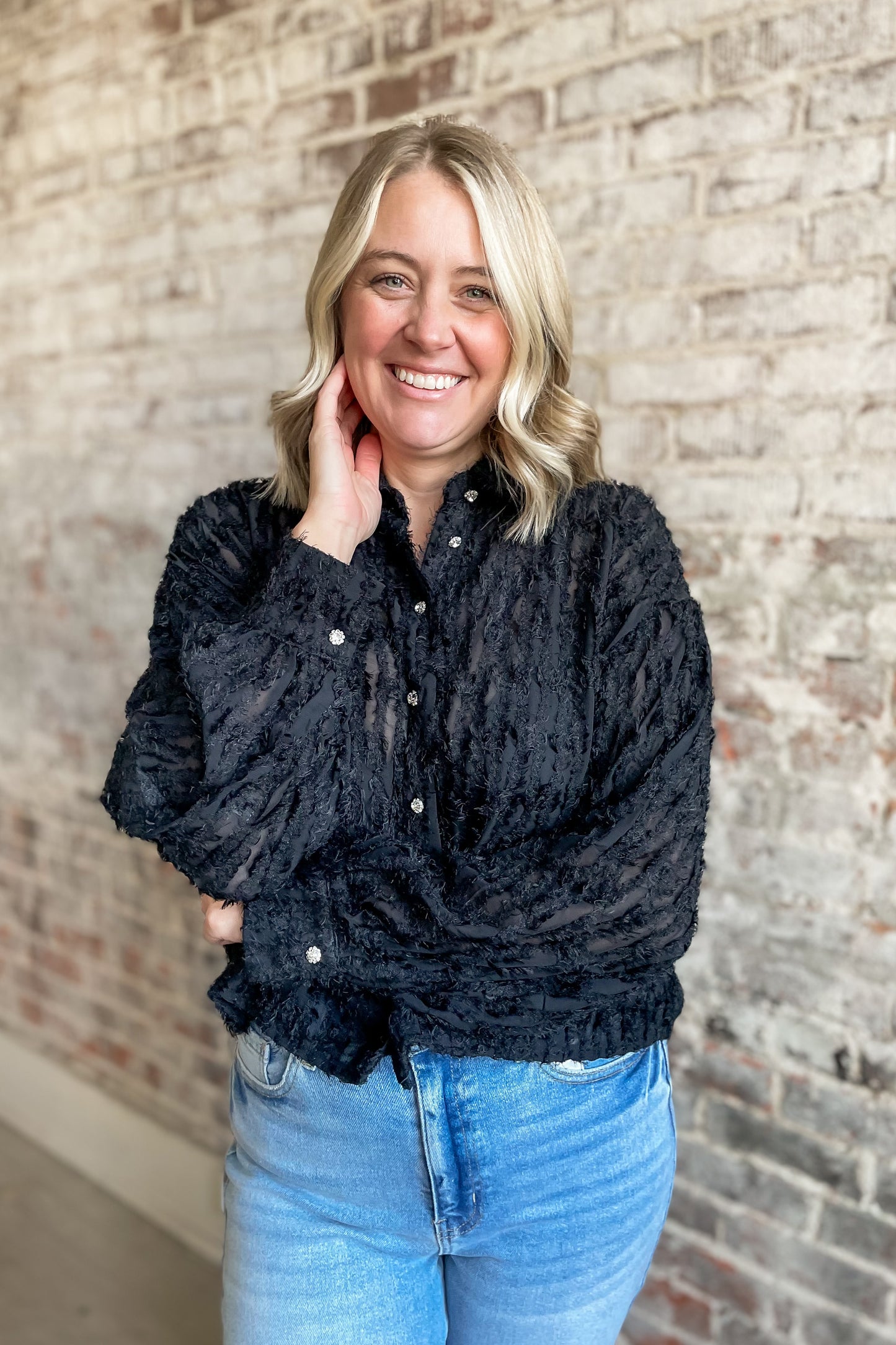 Black Fuzzy Button Down Blouse