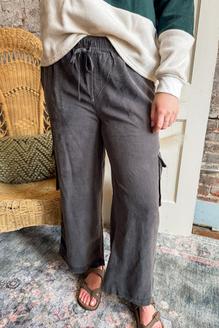 Charcoal High Rise Drawstring Cargo Pants