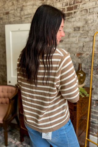 Mocha Stripe Button Front Knit Top