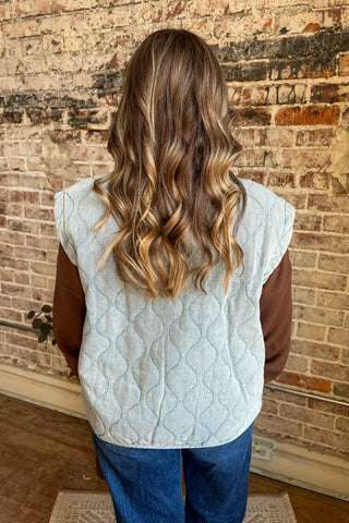Savannah Washed Denim Quilted Button Vest