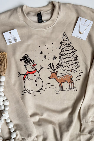 Snowman and Deer Vintage Winter Crewneck