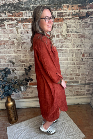 Terracotta Suede Long Sleeve Button Down Dress