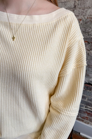 Butter Yellow Waffle Knit Boat Neck Pullover