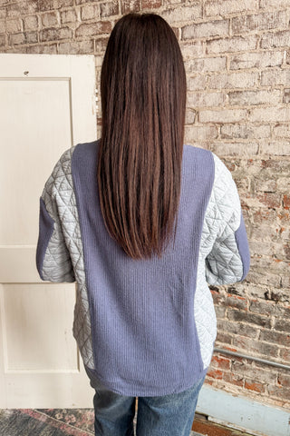 Blue Grey Mixed Fabric Crew Neck Top