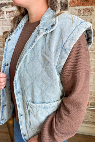 Savannah Washed Denim Quilted Button Vest