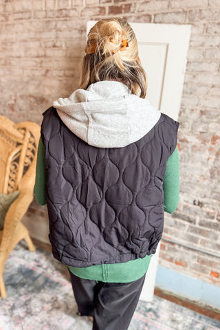 Black Quilted Drawstring Hooded Vest