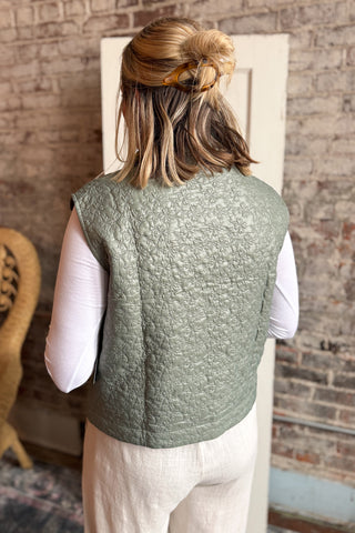 Olive Floral Embroidered Button Vest