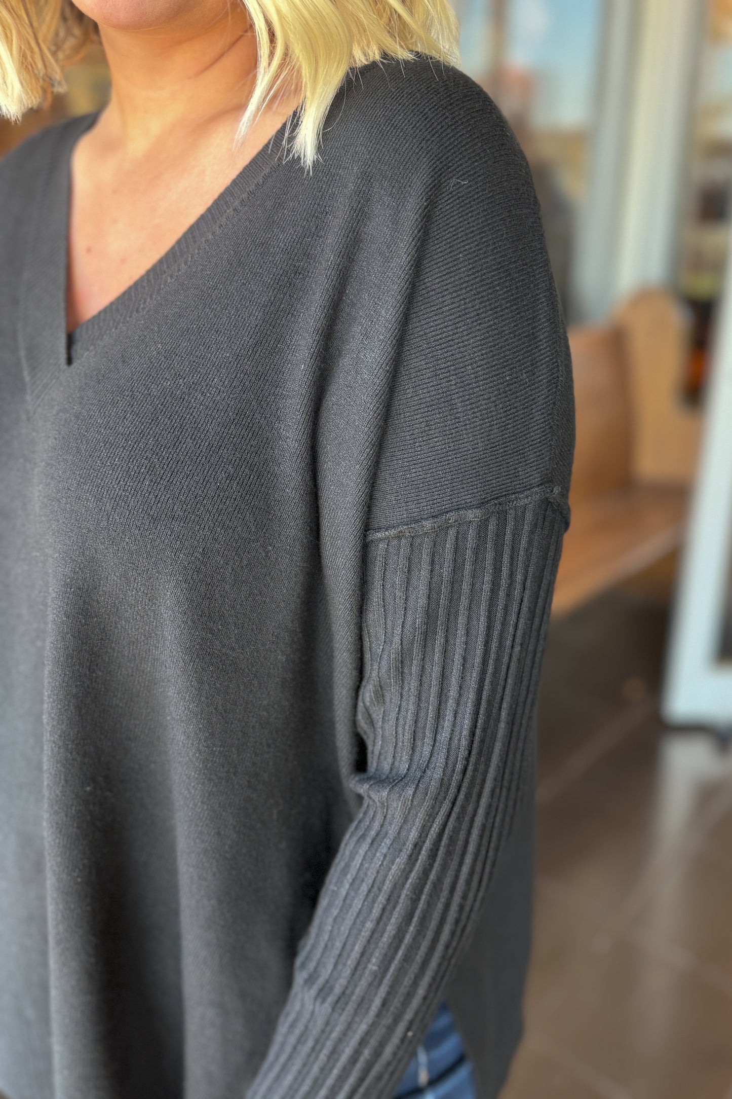 Black V-Neck Ribbed Sleeve Sweater