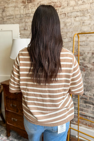 Mocha Stripe Button Front Knit Top