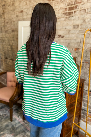 Green Stripe Contrast Trim Oversized Top