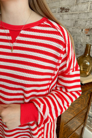 Red and Cream Stripe Waffle Knit Top