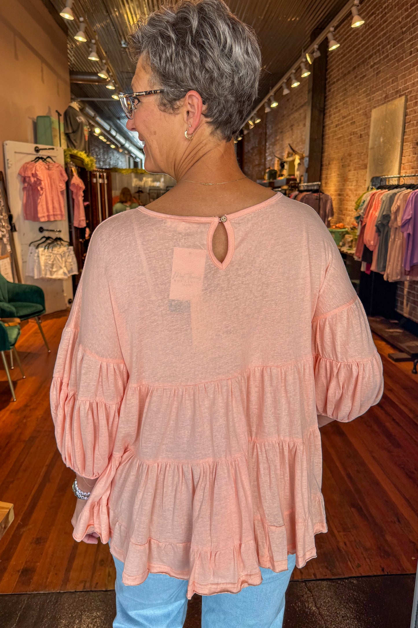 Peach Bubble Sleeve Tunic Top