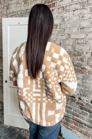 Taupe Checkered V-Neck Button Down Fleece Jacket