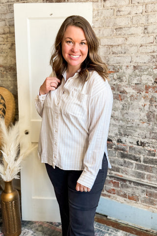 Taupe Amelia Striped Button Up Top