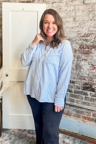 Sky Blue Amelia Striped Button Up Top
