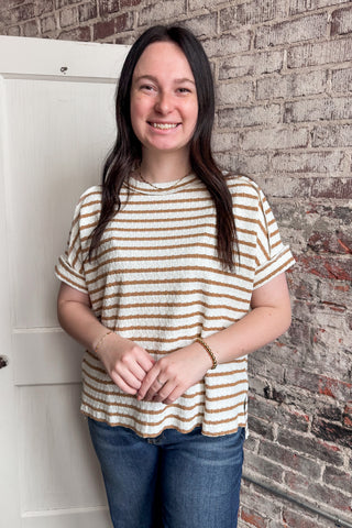 Camel Striped Jacquard Round Neck Box Top (+Curvy)