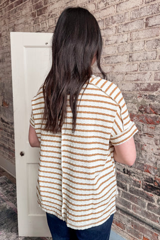 Camel Striped Jacquard Round Neck Box Top (+Curvy)