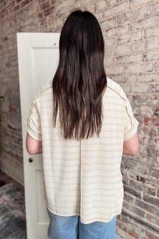 Sand Beige Raised Rib Striped Top