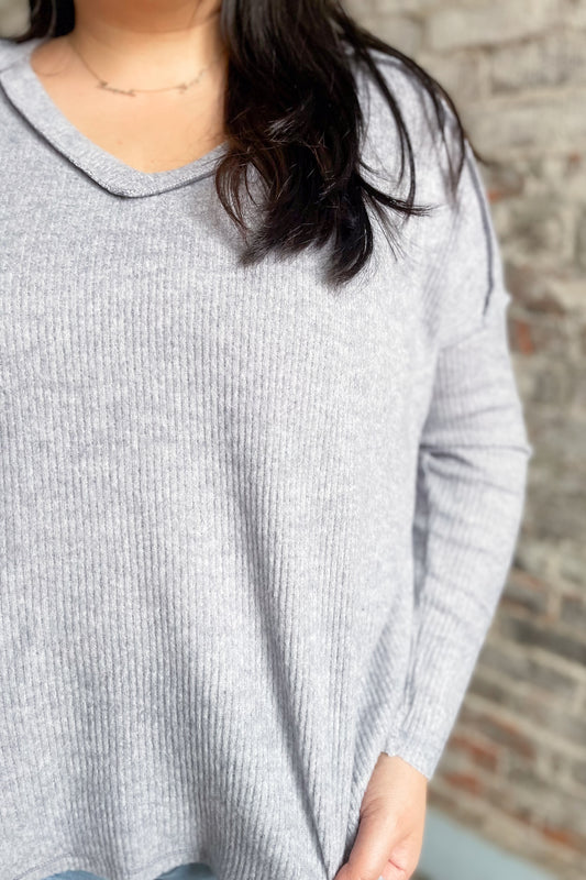 Gray Stitch Ribbed Long Sleeve Top