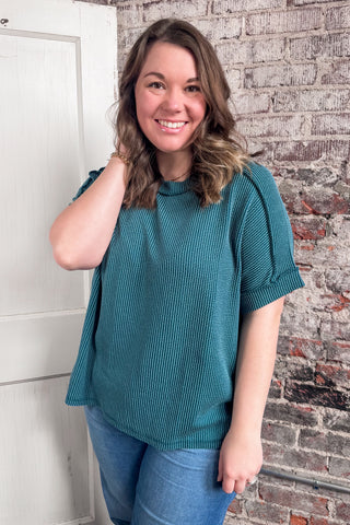 Teal Raised Rib Cuffed Sleeve Raw Edge Top