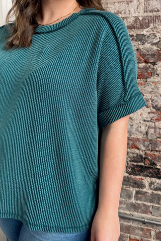 Teal Raised Rib Cuffed Sleeve Raw Edge Top