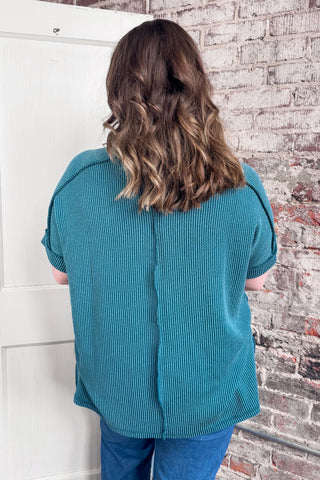 Teal Raised Rib Cuffed Sleeve Raw Edge Top