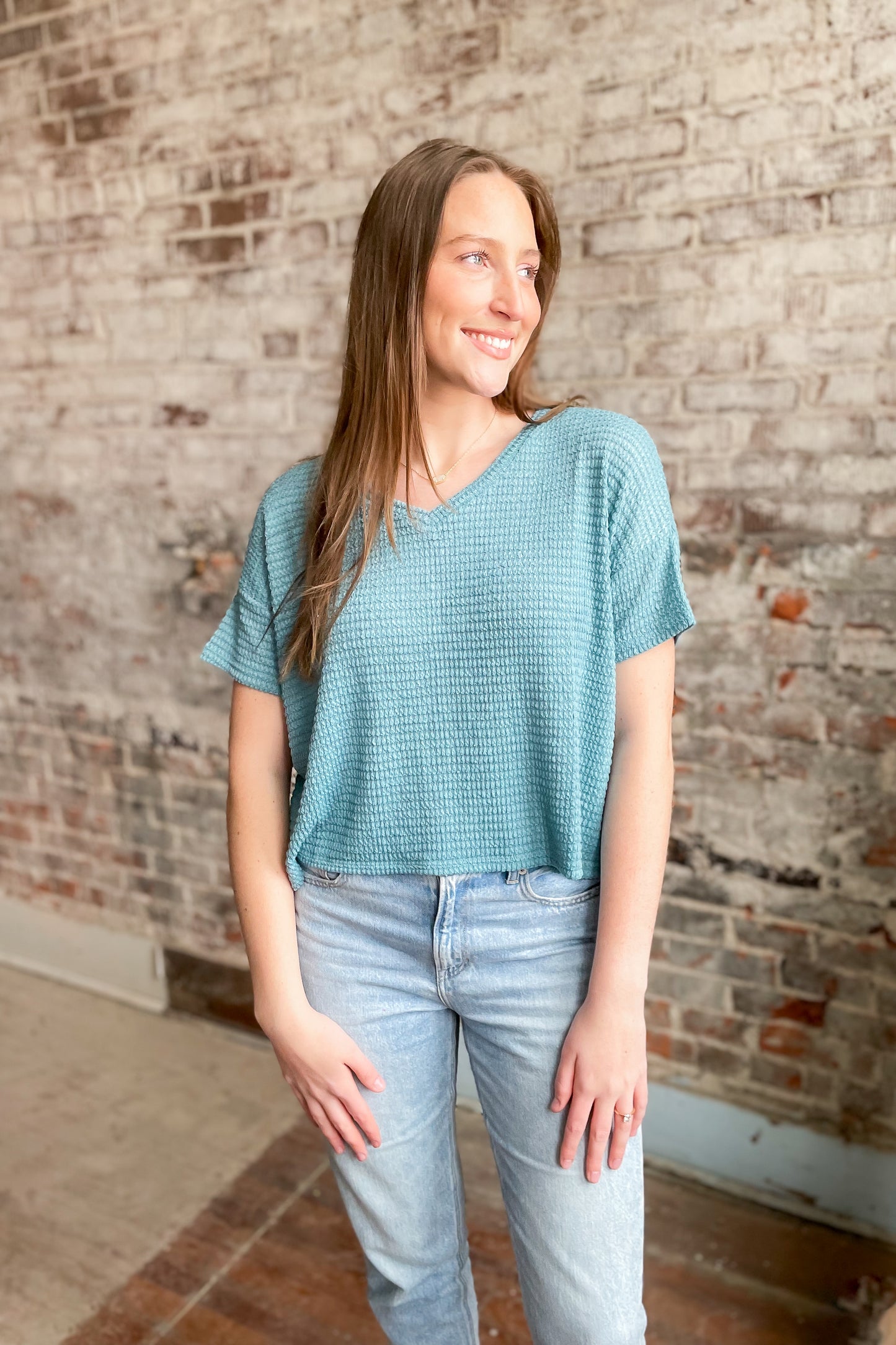 Teal Tide Short Sleeve Sweater Top