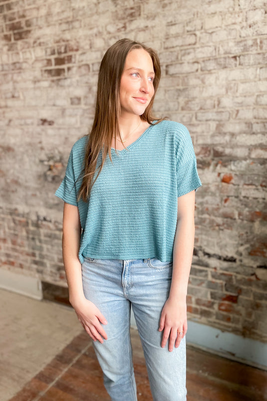 Teal Tide Short Sleeve Sweater Top