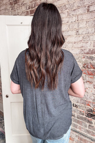 Black Acid Wash Casual Ribbed Top