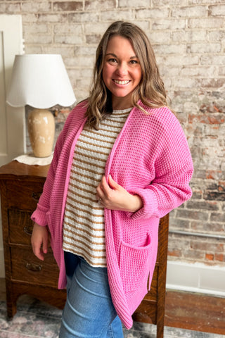 Candy Pink Waffle Weave Cardigan (+Curvy)