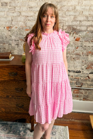 Pink Seersucker Checked Dress