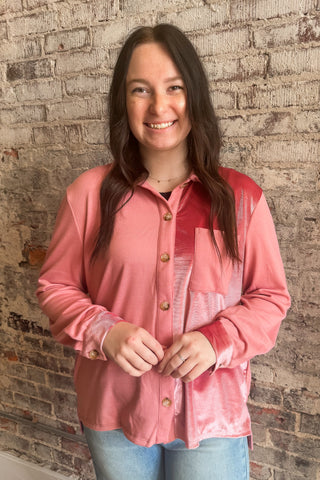 Rose Satin Contrast Block Button Up Top