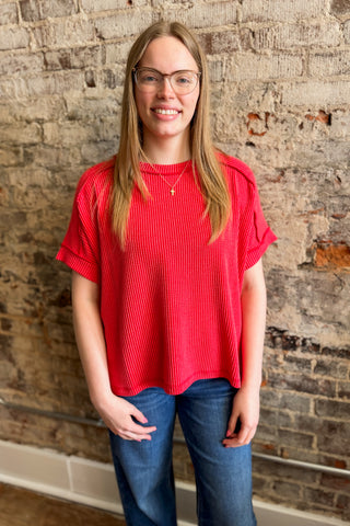 Ruby Raised Rib Cuffed Sleeve Raw Edge Top (+Curvy)