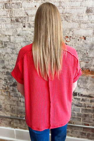 Ruby Raised Rib Cuffed Sleeve Raw Edge Top (+Curvy)