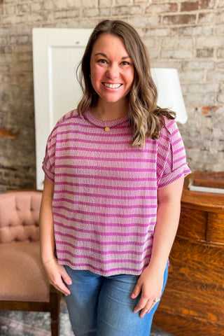 Plum Raised Rib Striped Top