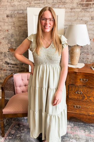 Dusty Mint Flutter Sleeve V Neck Midi Dress